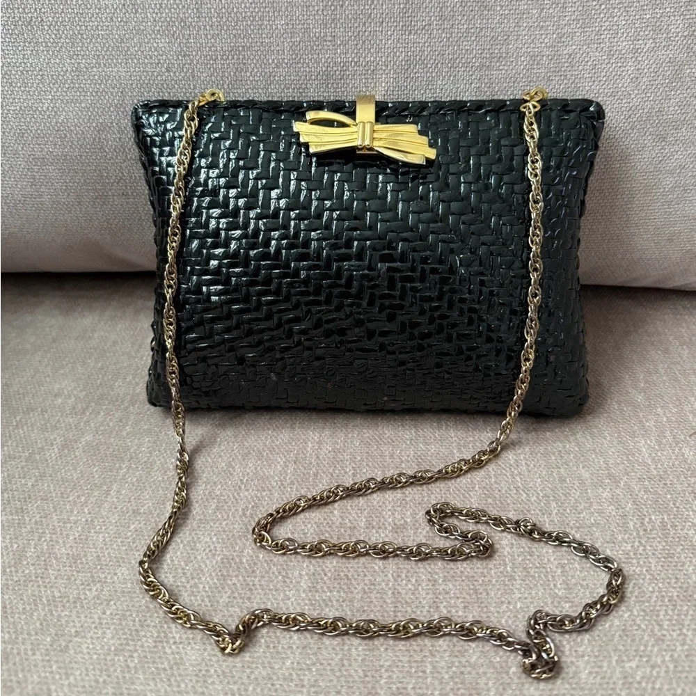 Vintage Rodo Black Lacquer Wicker Bag with gold tone chain Strap